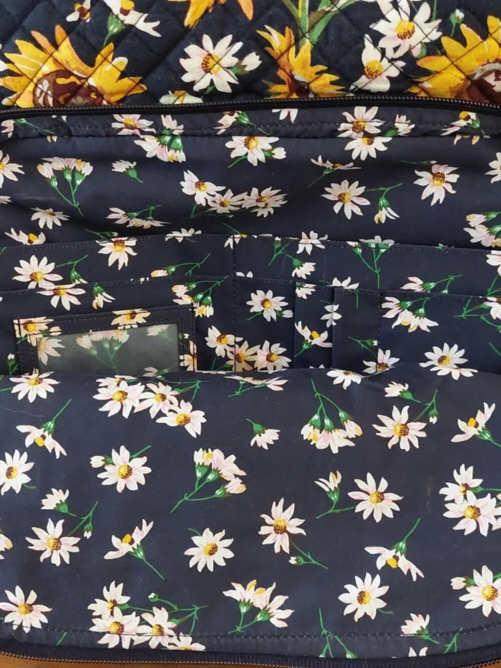 RARE Vera Bradley Sunflowers XL Campus Backpack featuring a quilted navy fabric